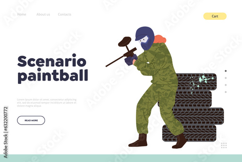 Scenario paintball landing page design template for online service website performing woodsball game