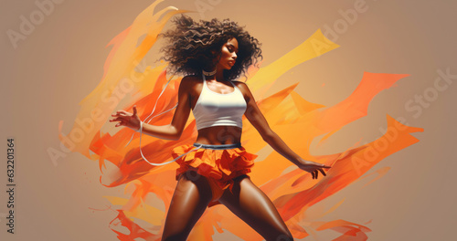 A beautiful Brazilian woman dancing against a colourful dynamic background. Shorts and white crop top. Graceful energy and movement.