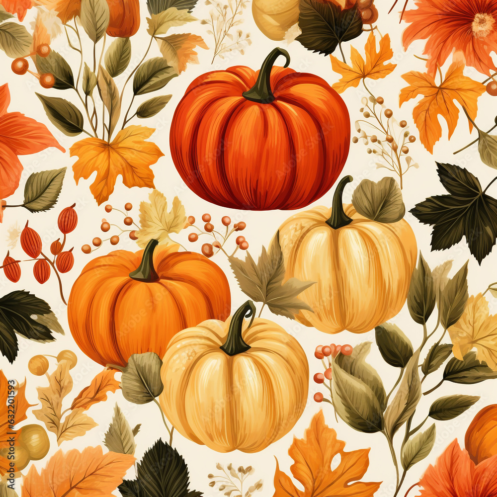 Charming fall pattern with various sizes and shapes of pumpkins in warm hues. Complemented by autumn leaves and berries for a delightful seasonal touch.
