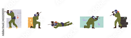 Different paintball player set, people wearing protective camouflage shooting with riffle gun