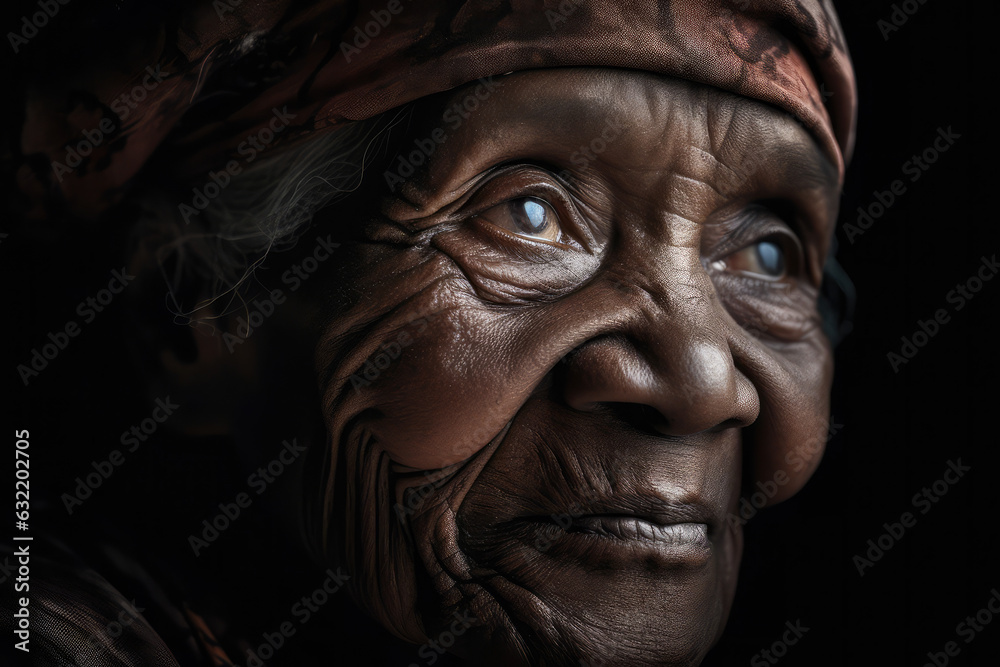 Old black woman with wrinkles on her wise face, generative AI