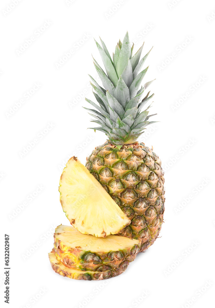 Whole and cut ripe pineapples isolated on white Whole and cut ripe pineapples isolated on white