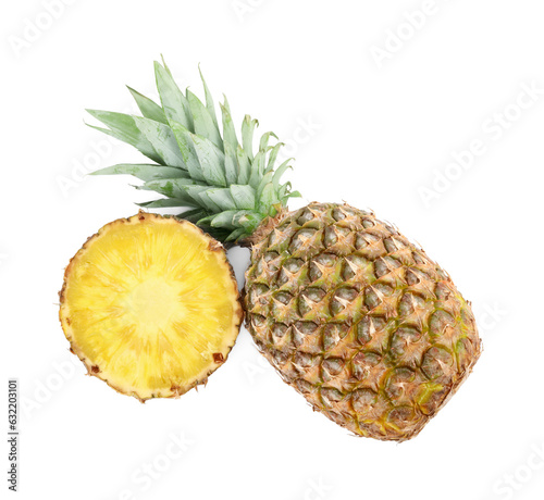 Whole and cut tasty ripe pineapples isolated on white, top view
