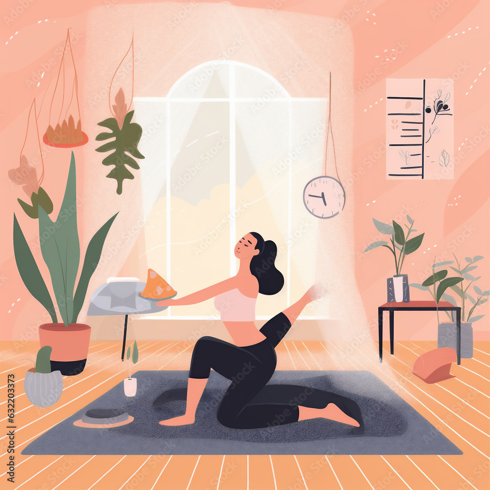 dog woman lifestyle cartoon training sport yoga wellness body home fitness. Generative AI. dog woman lifestyle cartoon training sport yoga wellness body home fitness. Generative AI.