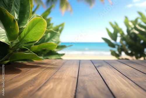 Wooden table with tropical leaves and blurred background of beach and sun light. ready for product display. generative ai