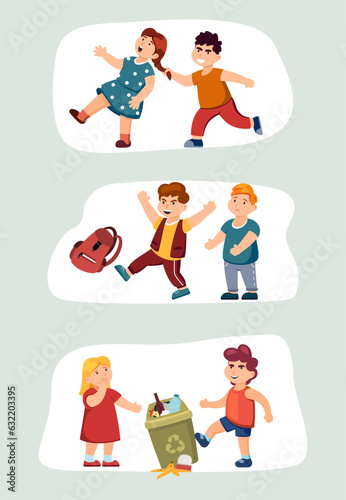 bully kids. classmates violent mockery concept, conflicts between children. vector cartoon children classmates bullies characters.