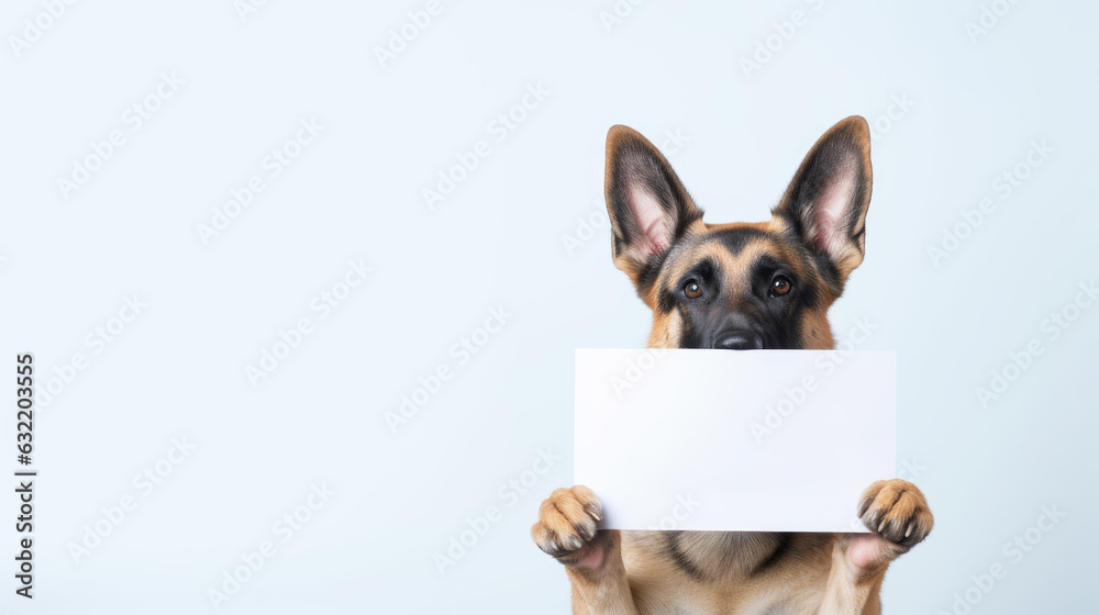A German Shepard dog holding empty paper poster with copy space - Generative AI