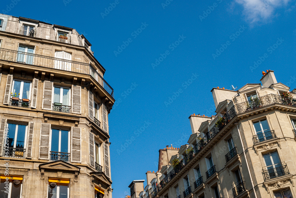 Paris, France, Detail, Low Angle, Traditional French Apartment Buildings Facades, Paris, France, Detail, Low Angle, Traditional French Apartment Buildings Facades,