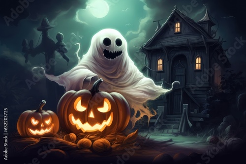 Smilling ghost in magical forest with jack-o'-lantern. Halloween, celebration, holiday concept