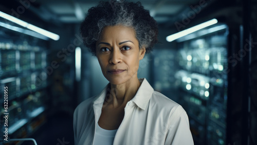 Senior Multi Racial Female IT Specialist is standing at the Camera in Data Center Next to Server Racks and Looking at the Camera. Modern woman in the IT world. Generated Ai.