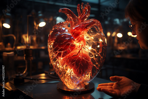 Innovative medicine concept. Digital technologies in medicine and scientific research of the body. Study of the human heart. 3D modelling in field of transplantology of internal organs. Generative AI