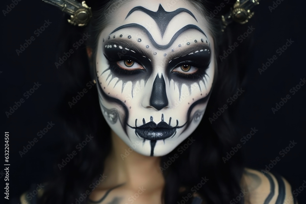 Naklejka premium Portrait of beautiful woman with face painting. Halloween makeup. Creative face art, carnival and fashion concept