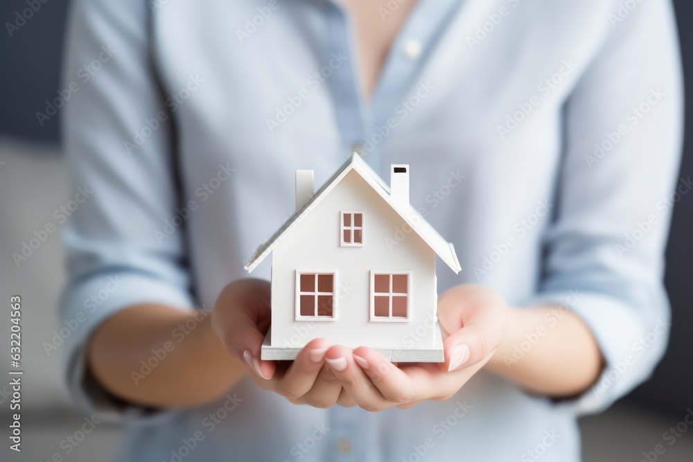 Building, mortgage, investment, real estate and property concept - close up of woman holding home or house model