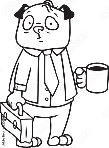 Cartoon Illustration: niedlicher Mops mit Aktentasche und Anzug als Business Outfit mit einem Kaffee