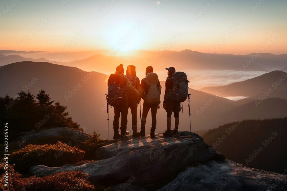 Four loving family members standing on cliff edge, looking at stunning beautiful sunset or sunrise view. Successful summit, active hiking sport in nature concept image. Generative AI Technology