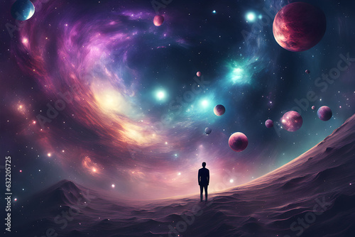 man standing on an unknown planet filled with a view of the vast galaxy. Generative AI