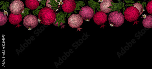 Pomegranate banner. Pomegranate plant branch with fruits. Vintage Pomegranates border. Hand drawn ink style fruit background. Pomegranate tree, ripe fruit. Rosh hashanah print.Textile, fabric texture