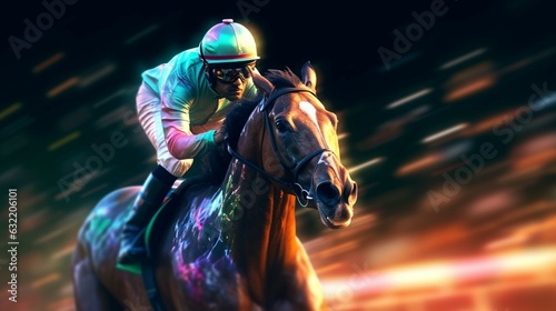 Horse racing at night.Digital illustration of thoroug.Generative AI © sukriti