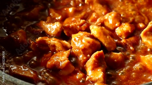 Stewing chopped pork with sauce in pan, in door  Chiangmai  Thailand.