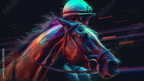 Horse racing at night.Digital illustration of thoroug.Generative AI