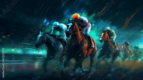Leinwand Poster Horse racing at night