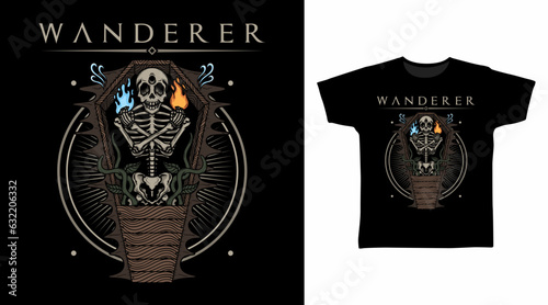 Avatar skeleton in casket t shirt and apparel design concepts
