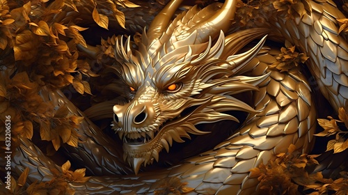 Close up of Gold Dragon. A big gold dragon with a big mouth and a big body.