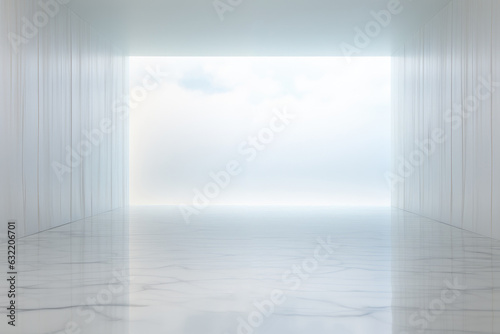 Empty minimal white room with interesting with glare from the window. Interior background for the presentation. Generative AI