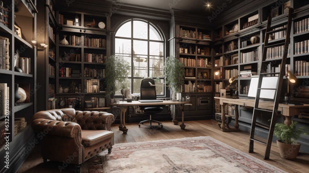 A Home Office that Doubles as a Library with Floor-to-Ceiling Bookshelves, generative AI