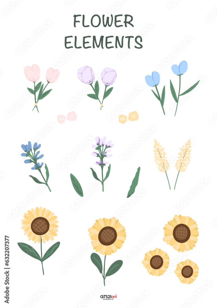 Watercolor brush hand drawn spring flower collection.