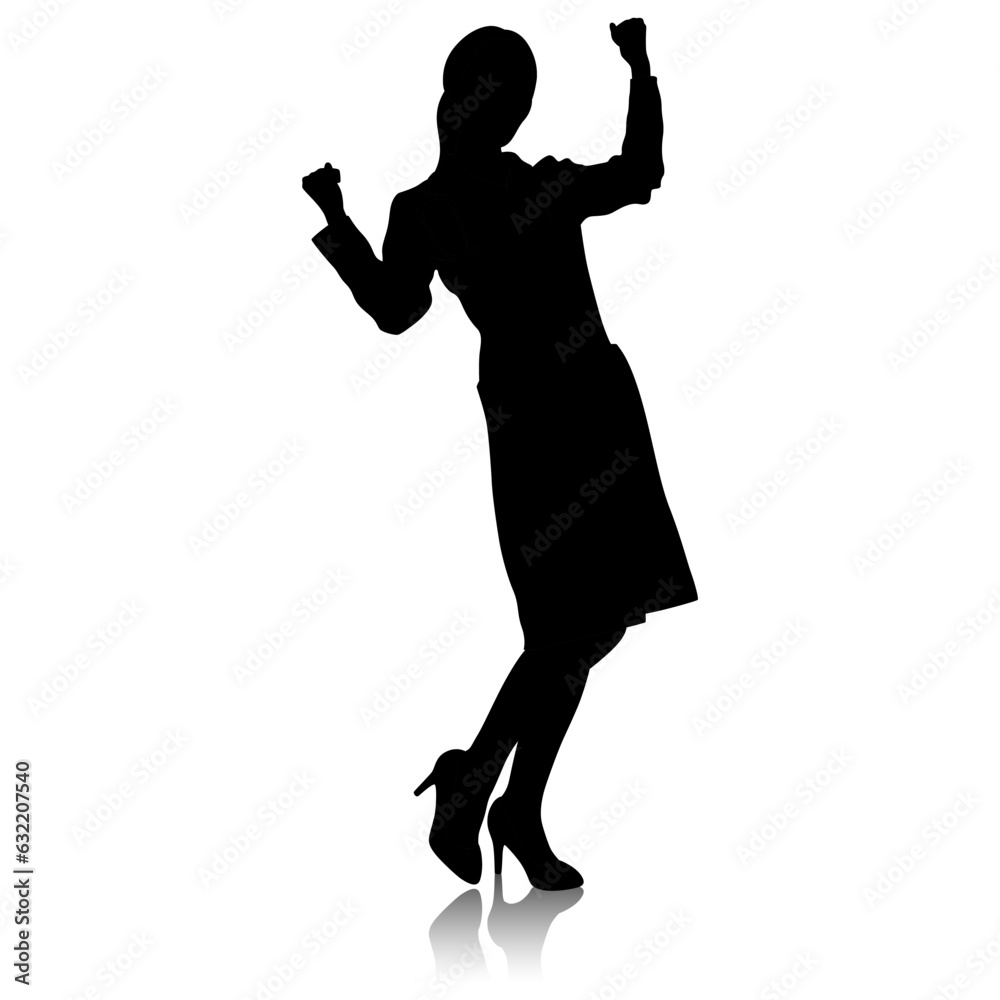 Silhouette of female healthcare worker. Happy smiling doctor in white coat with stethoscope. Medical worker is celebrating. Vector flat style illustration set isolated on white. Full height view