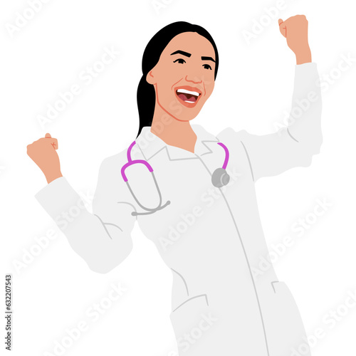 Hand drawn female healthcare worker. Happy smiling doctor in white coat with stethoscope. Medical worker is celebrating. Vector flat style illustration set isolated on white. Full height view