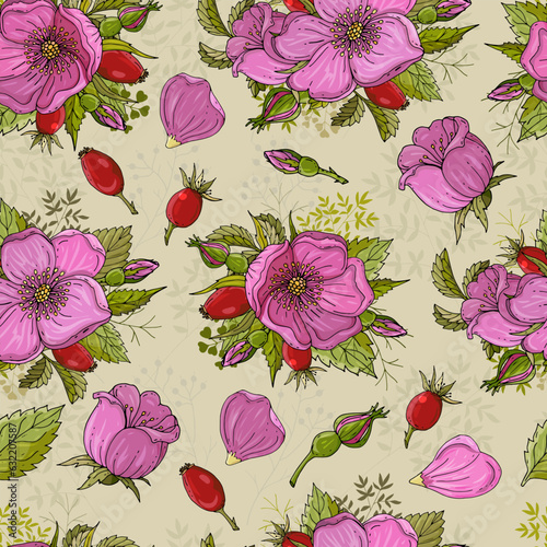 Seamless pattern with rosehip leaves, flowers and berries. EPS 10 vector illustration.
