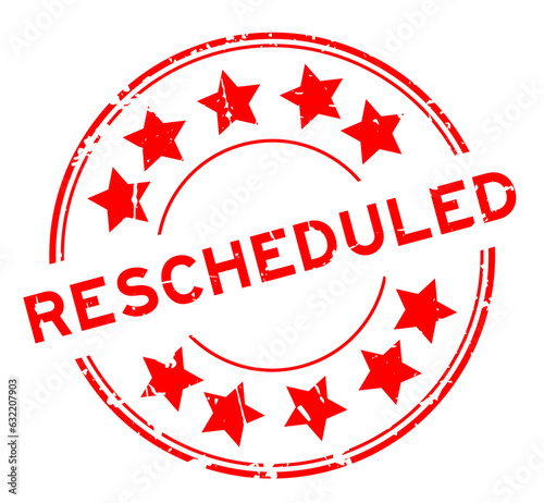 Grunge red rescheduled word with star icon round rubber seal stamp on white background