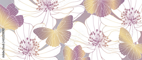 Purple gold floral background with flowers and butterflies. Delicate background for decor, wallpapers, postcards and presentations.