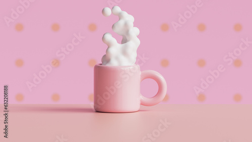 Morning pink cup of coffee with steam on background of polka dot wall at home or in coffee shop. Background with copyspace. 3d render, 3d illustration.