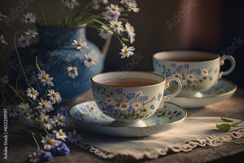 Cups of tea and beautiful flowers. Refined vintage dishes. Generative Ai