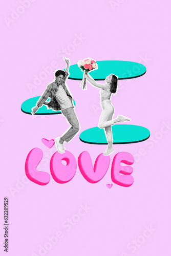 Collage of crazy two young students love story anniversary girlfriend give huge bouquet flowers celebrate isolated on pink drawn background © deagreez