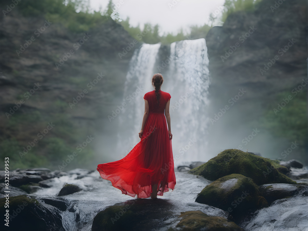 a girl in a red dress goes to the waterfall. Woman blogger in a dress on the background of a waterfall in the jungle. View of the waterfall. generative AI