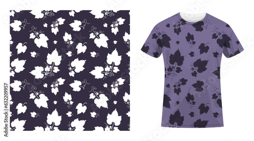Short sleeved cotton sports t shirt decorated seamless pattern with white leaves and tendrils. Cook uniform. Comfortable summer clothes. Vector ornament for design of textile and fabric