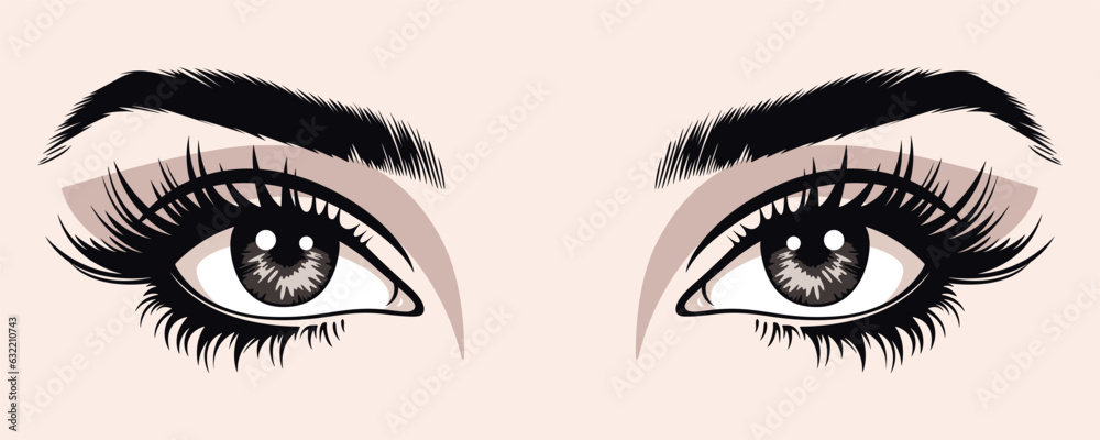 Vector Hand Drawn Woman s, Female Sexy Eyes, Perfectly Shaped Eyelashes, Eyebrows. Design Template for Business Visit Card, Logo, Advertising Mascara, Makeup, Cosmetics, Beauty Services, Salon