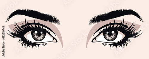 Vector Hand Drawn Woman s, Female Sexy Eyes, Perfectly Shaped Eyelashes, Eyebrows. Design Template for Business Visit Card, Logo, Advertising Mascara, Makeup, Cosmetics, Beauty Services, Salon