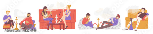 Set of people smoking hookah flat style, vector illustration