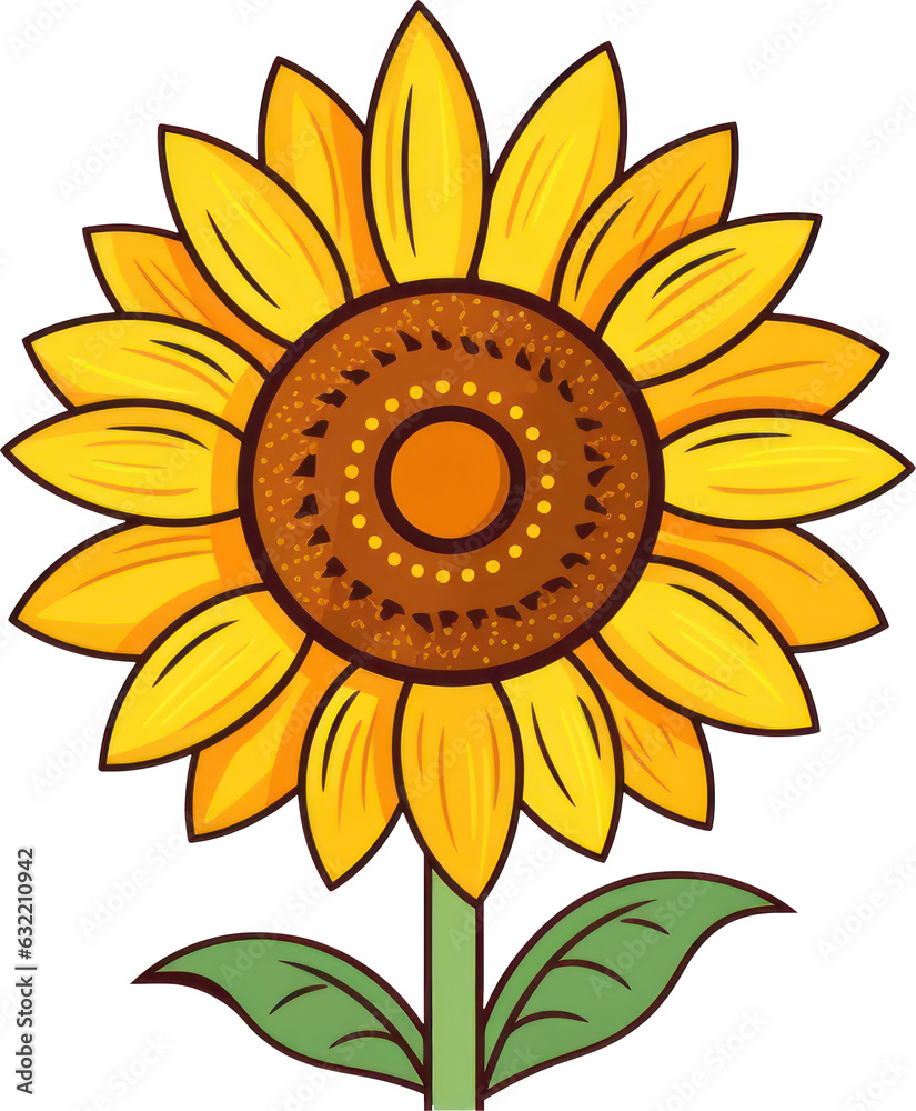Fototapeta premium Cheerful clip art illustration of a sunflower with yellow petals and green leaves against a transparent background, ideal for various creative projects. Generative AI.
