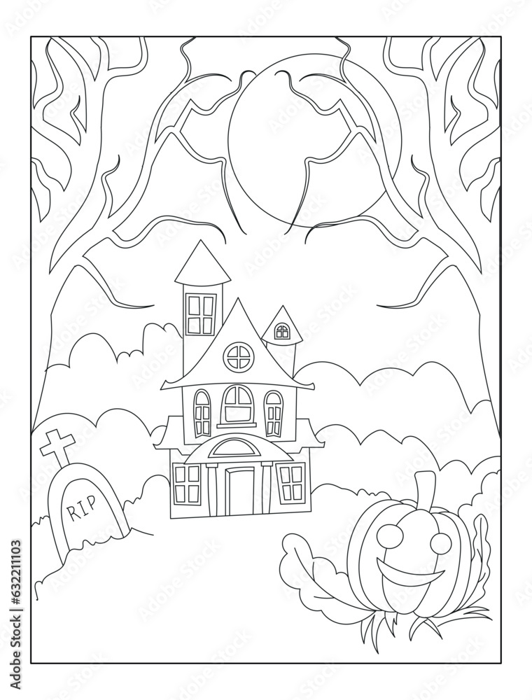 Halloween spooky house in the jungle hand drawn outline illustration vector for kids coloring page