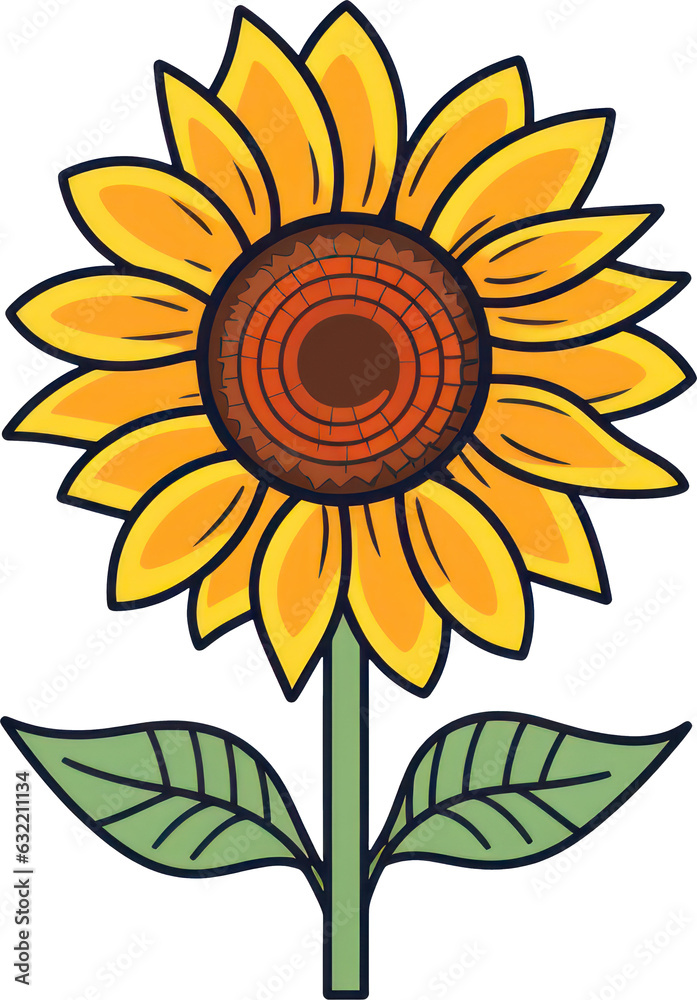 Fototapeta premium Cheerful clip art illustration of a sunflower with yellow petals and green leaves against a transparent background, ideal for various creative projects. Generative AI.