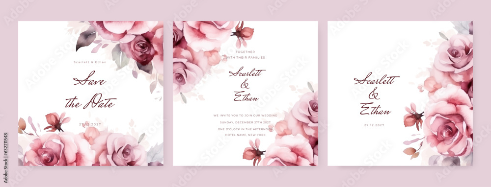 White pink and purple modern wedding invitation card with floral and flower