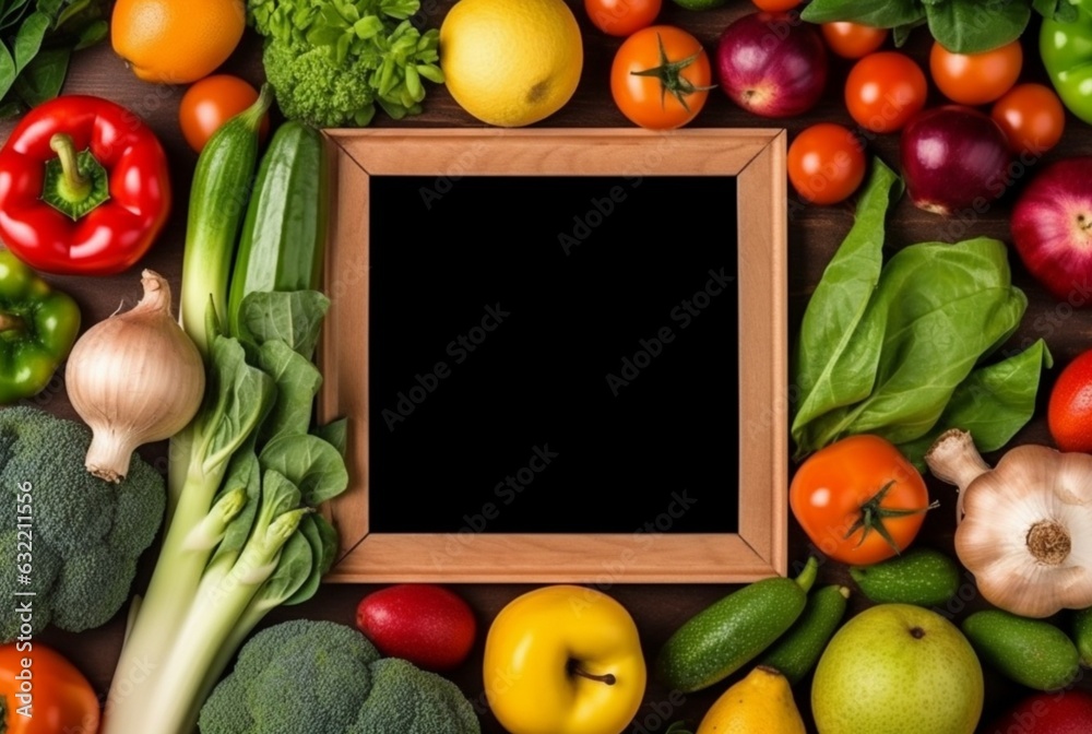 Top view of empty frame amidst fresh vegetables and fruits. generative ai Top view of empty frame amidst fresh vegetables and fruits. generative ai