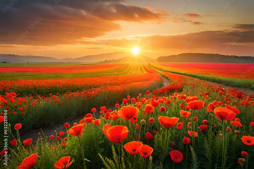 poppy field at sunset AI Generated 