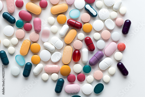 Many different of colored pharmaceutical tablets, pills, capsules, vitamins, on a white background, top view, AI Generation